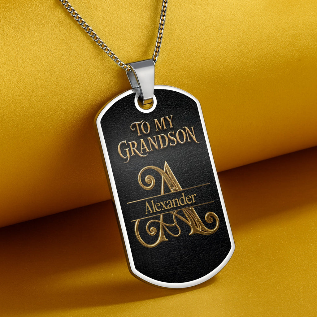 Almagems Custom "To My Grandson" Dog Tag Necklace - Personalized Stainless Steel Military Pendant - Graduation, Birthday Jewelry Gift for Grandson - 7