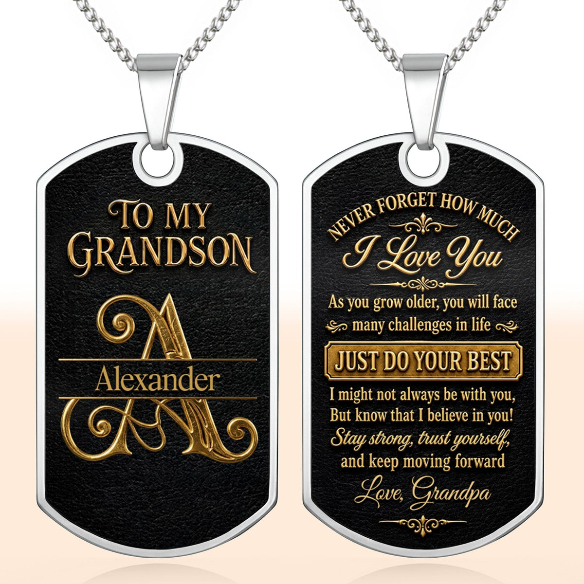 Almagems Custom "To My Grandson" Dog Tag Necklace - Personalized Stainless Steel Military Pendant - Graduation, Birthday Jewelry Gift for Grandson - 9