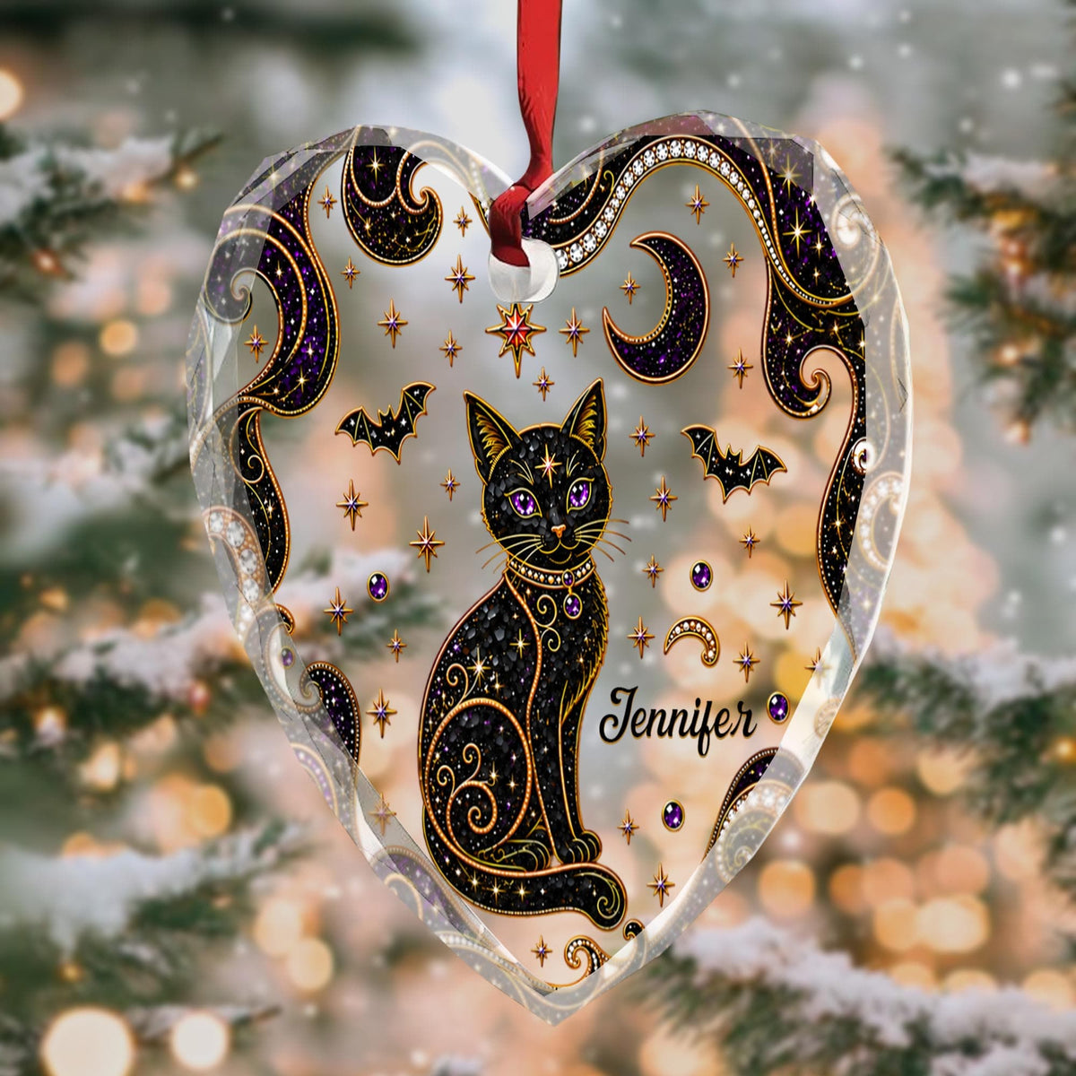 Personalized Black Cat Moon Stars Heart Ornament, Gift For Cat & Halloween Lovers - 3