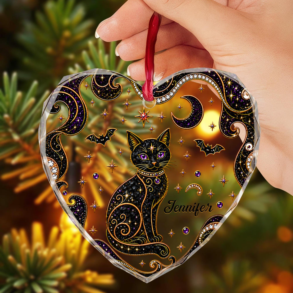 Personalized Black Cat Moon Stars Heart Ornament, Gift For Cat & Halloween Lovers - 4