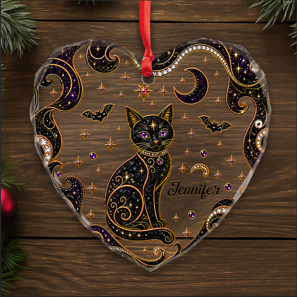 Personalized Black Cat Moon Stars Heart Ornament, Gift For Cat & Halloween Lovers - 6