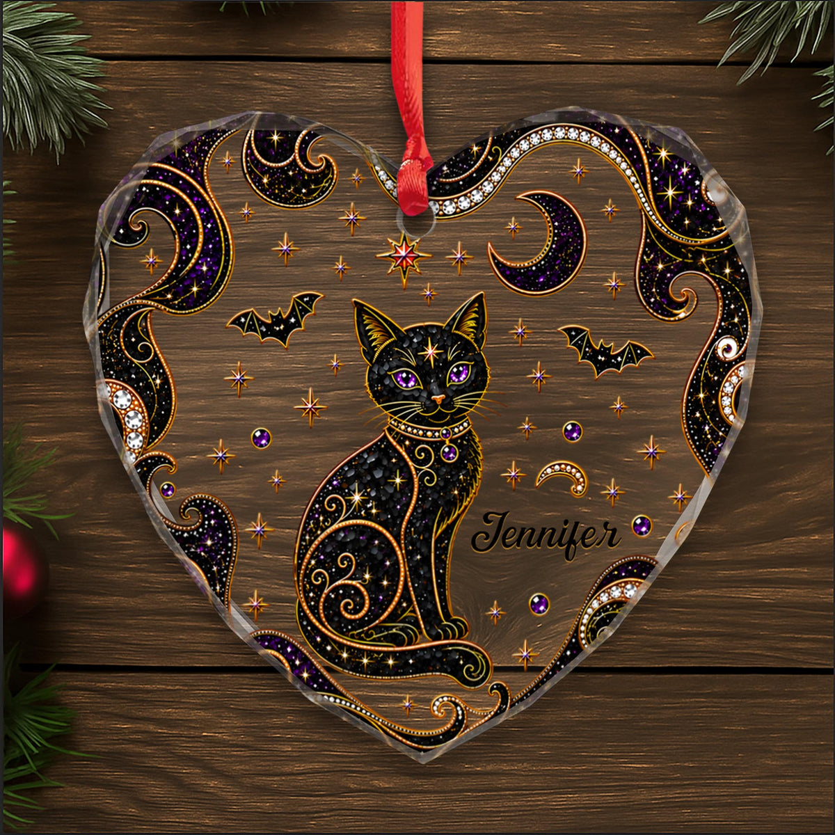 Personalized Black Cat Moon Stars Heart Ornament, Gift For Cat & Halloween Lovers - 6