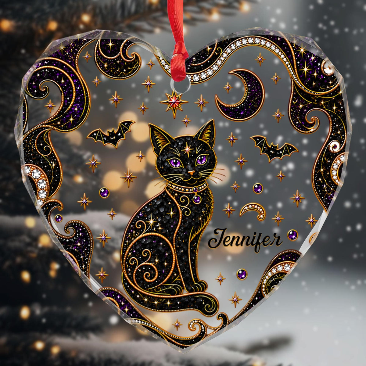 Personalized Black Cat Moon Stars Heart Ornament, Gift For Cat & Halloween Lovers - 7