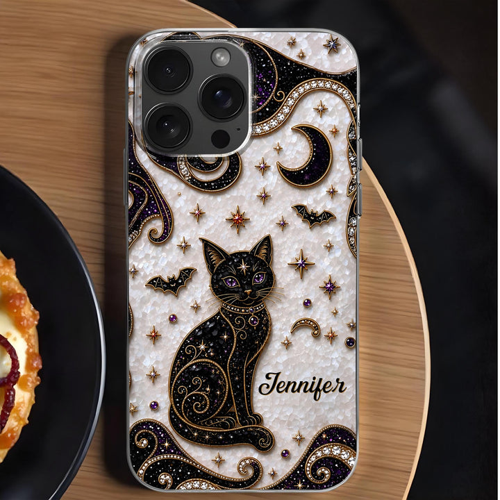 Almagems Custom Mystical Black Cat Mosaic Phone Case - Personalized Clear Slim Protective Cover for iPhone & Samsung - Gift for Cat Lovers