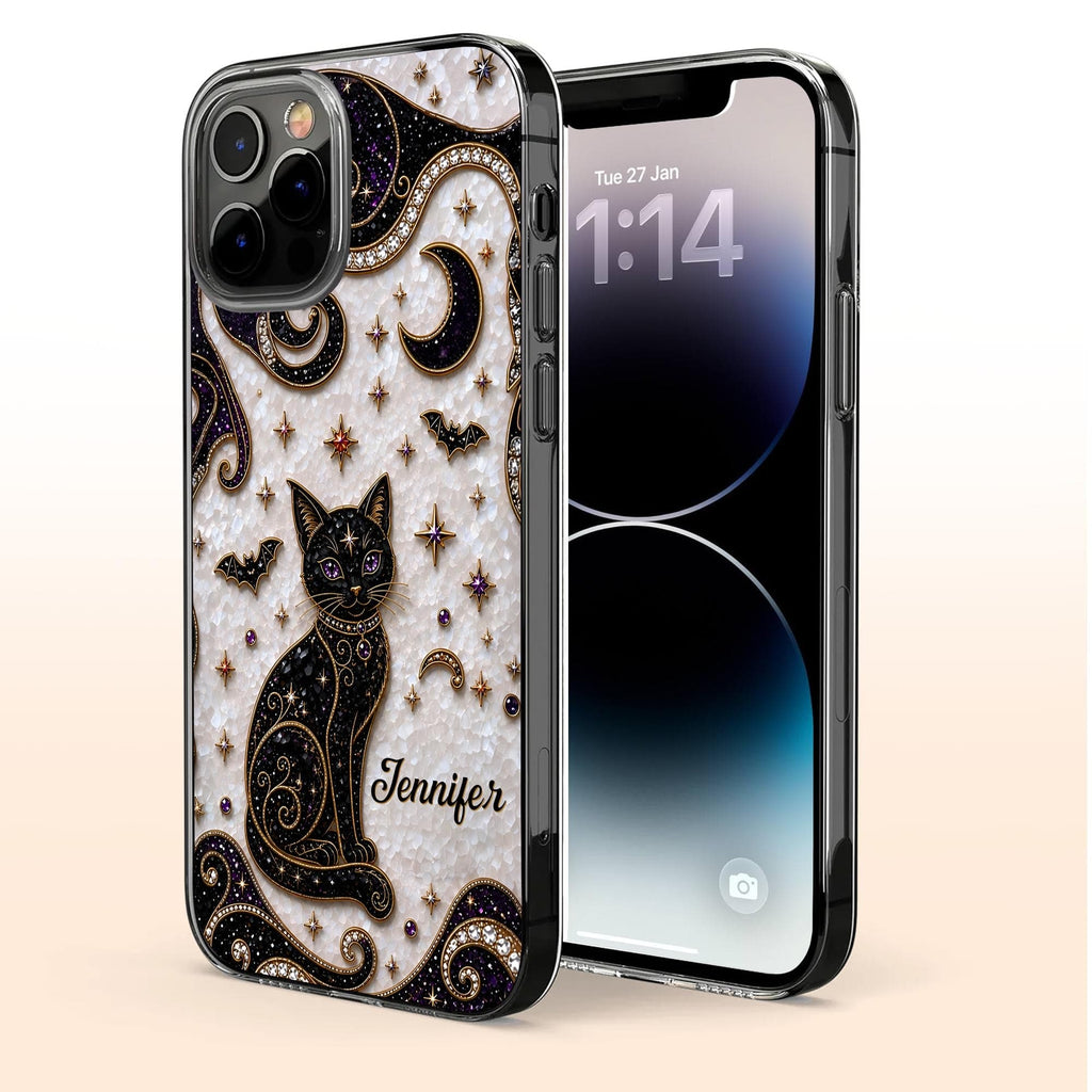 Almagems Custom Mystical Black Cat Mosaic Phone Case - Personalized Clear Slim Protective Cover for iPhone & Samsung - Gift for Cat Lovers - 6