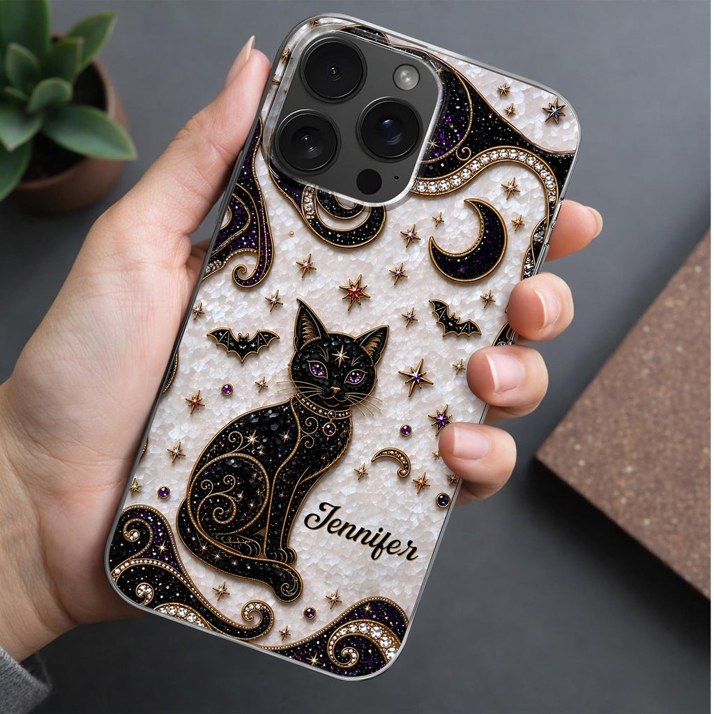 Almagems Custom Mystical Black Cat Mosaic Phone Case - Personalized Clear Slim Protective Cover for iPhone & Samsung - Gift for Cat Lovers - 8