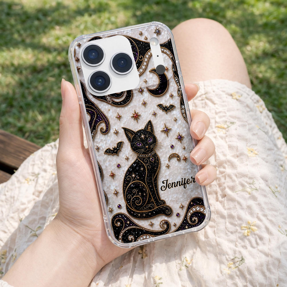 Almagems Custom Mystical Black Cat Mosaic Phone Case - Personalized Clear Slim Protective Cover for iPhone & Samsung - Gift for Cat Lovers - 10