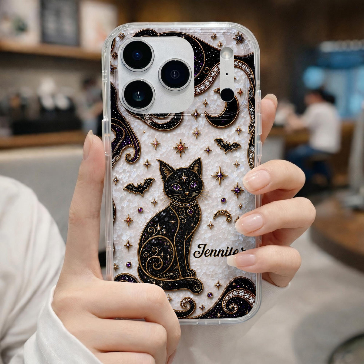 Almagems Custom Mystical Black Cat Mosaic Phone Case - Personalized Clear Slim Protective Cover for iPhone & Samsung - Gift for Cat Lovers - 12