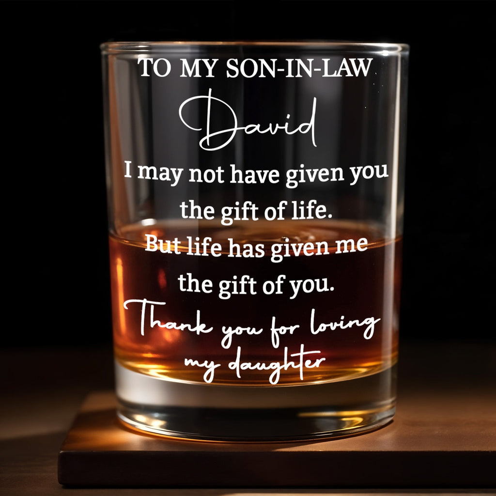 Almagems Personalized "To My Son In Law" Whiskey Glass - Custom 11oz Rocks Glass Cup - Birthday, Wedding, Christmas Gift for Son-in-Law - 1