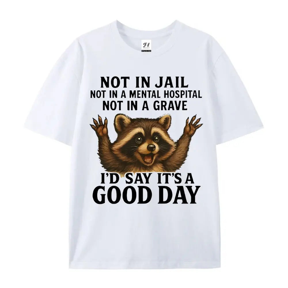 Women's Plus Size Funny Raccoon T-Shirt - "Not in Jail... Good Day" Sarcastic Graphic Tee - Soft Black Casual Top