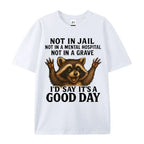 Women's Plus Size Funny Raccoon T-Shirt - "Not in Jail... Good Day" Sarcastic Graphic Tee - Soft Black Casual Top