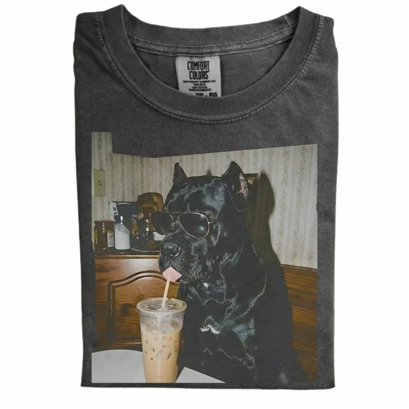 Comfort Colors Dog Drinking Iced Coffee Shirt Vintage 90s Funny Edgy Meme Unisex Tee