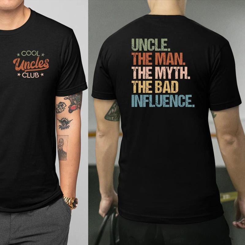 Cool Uncles Club – Der Mythos vom schlechten Einfluss – Doppelseitiges T-Shirt, Lustige Geschenke für Onkel, Bestes Onkel-Shirt aller Zeiten, Cooles Onkel-T-Shirt, Baumwoll-T-Shirt als Geschenk für Onkel 