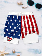 Men's American Flag 2-in-1 Swim Trunks - Patriotic Compression Liner Board Shorts for 4th of July & Beach Surfing