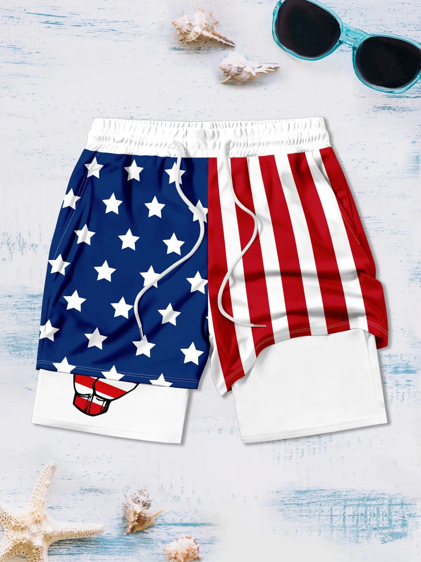 Men's American Flag 2-in-1 Swim Trunks - Patriotic Compression Liner Board Shorts for 4th of July & Beach Surfing