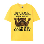 Women's Plus Size Funny Raccoon T-Shirt - "Not in Jail... Good Day" Sarcastic Graphic Tee - Soft Black Casual Top