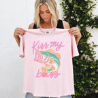 Preppy "Kiss My Bass" Graphic T-Shirt, Retro Bass Fishing Beach Tee for Women, Cute Lake Life Summer Shirt