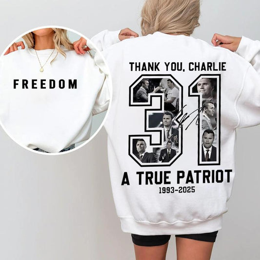 [ UNISEX SHIRT ] Freedom Charlie Kirk Sweatshirt, True Patriot Graphic Tee, Rest In Peace Charlie Kirk, Thank you Charlie Tee, Justice Shirt, Political Shirt, Charlie Kirk Memorial, American flag Shirt - Trending - TShirt, Sweatshirt