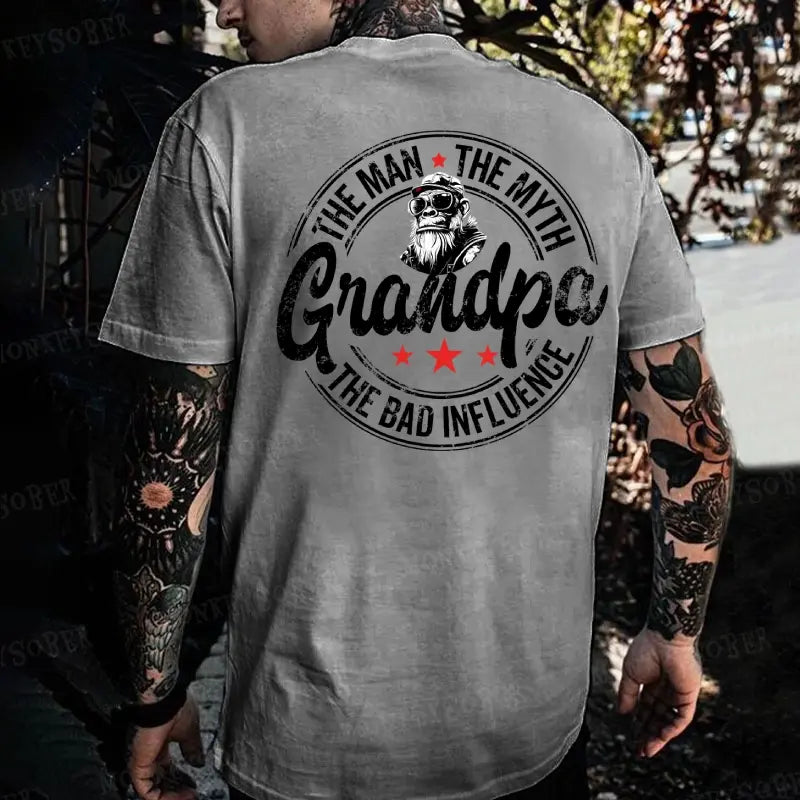 The Man The Myth Grandpa Bad Influence Monkey T Shirt Men Funny Cotton Graphic Tee Summer Casual Streetwear