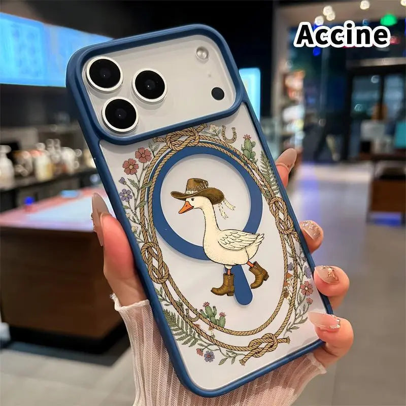 Cute Western Cowboy Goose Clear Magnetic Phone Case - Vintage Floral Prairie Pattern Shockproof Acrylic Cover for iPhone Series