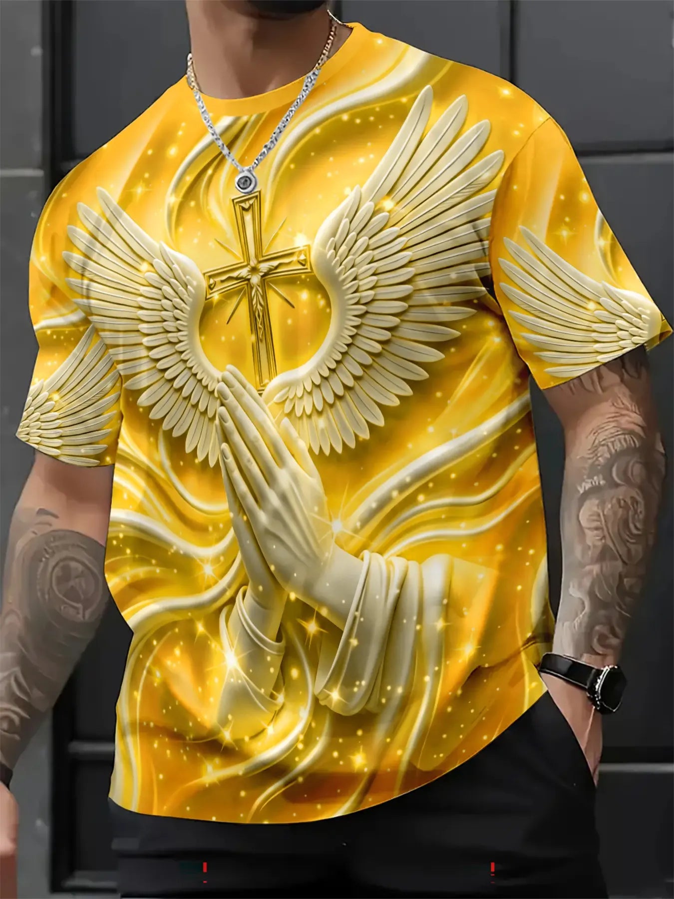 Men's 3D Cross & Angel Wings Graphic T-Shirt, Slim-Fit Short Sleeve Christian Crew Neck Summer Tee