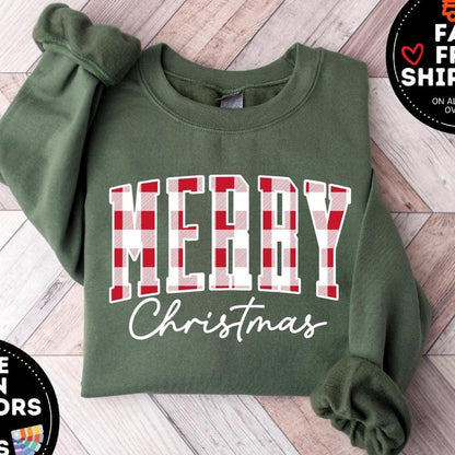 Merry Christmas Sweatshirt, Buffalo Plaid Sweater, Christmas Family crewneck, Xmas Gift Idea, Woman Xmas Shirt, Cute Winter Holiday Sweatshirt