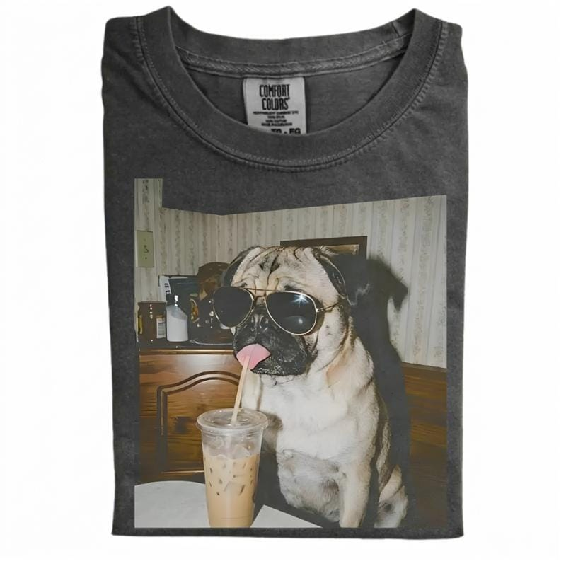 Comfort Colors Dog Drinking Iced Coffee Shirt Vintage 90s Funny Edgy Meme Unisex Tee