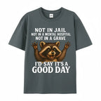 Women's Plus Size Funny Raccoon T-Shirt - "Not in Jail... Good Day" Sarcastic Graphic Tee - Soft Black Casual Top