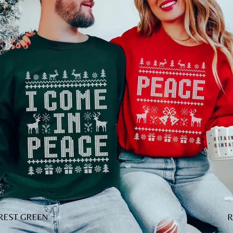Funny ugly Christmas sweatshirts for couples, cute matching holiday outfits, plus 'I Come in Peace' sweatshirt for festive style