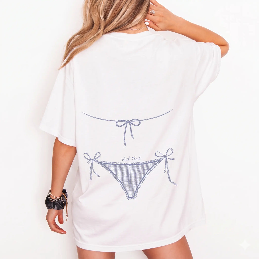 RodyThread Custom Bachelorette Party Bikini Graphic Oversized T-Shirt Women Brides Bridesmaids Coastal Coquette Preppy Beach Aesthetic White Cotton Blend Personalized Bride Tribe Matching Shirts Summer Vacation Top Custom Text