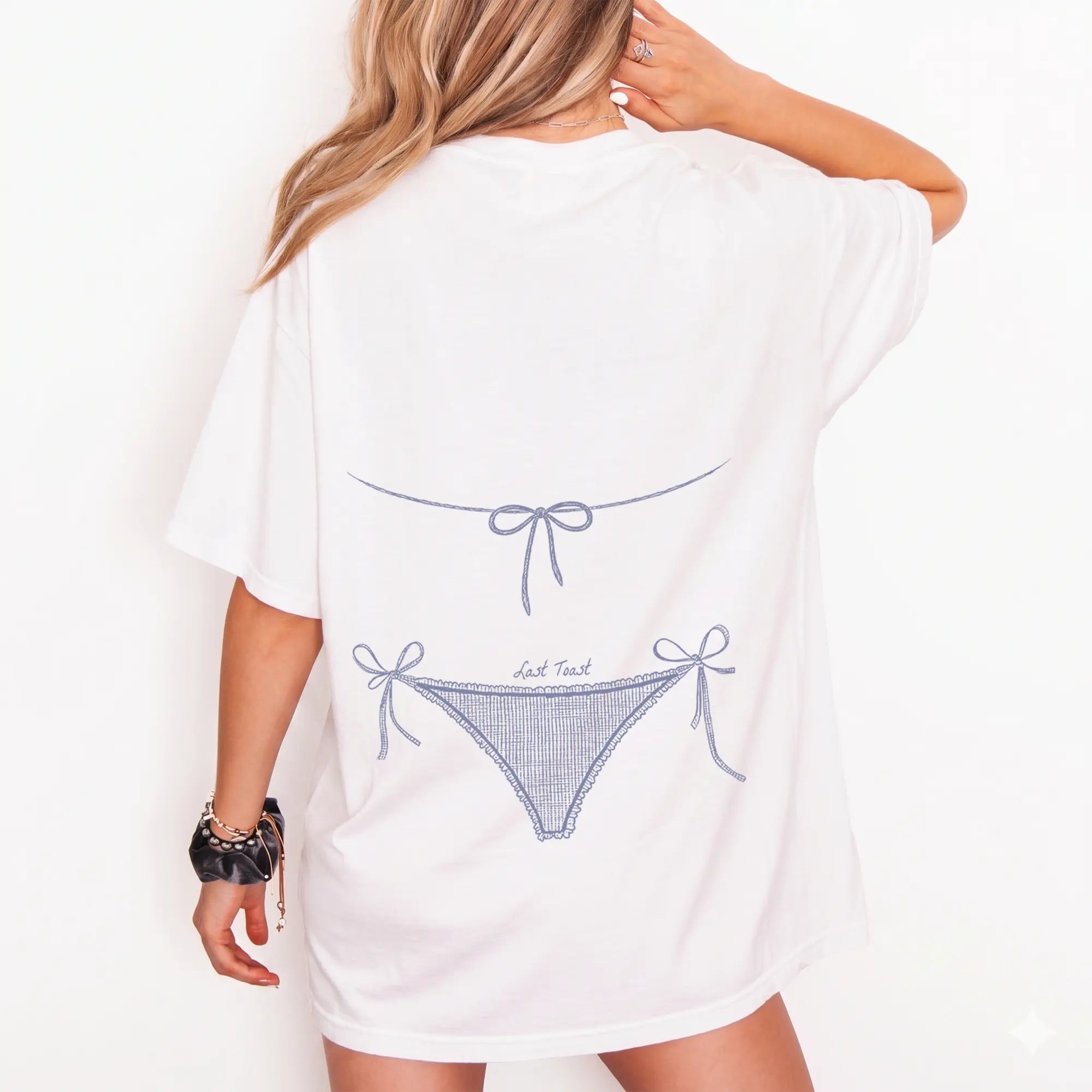 RodyThread Custom Bachelorette Party Bikini Graphic Oversized T-Shirt Women Brides Bridesmaids Coastal Coquette Preppy Beach Aesthetic White Cotton Blend Personalized Bride Tribe Matching Shirts Summer Vacation Top Custom Text