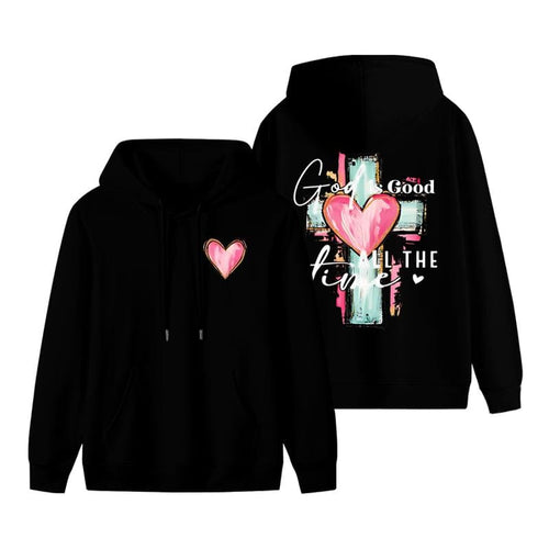 Hoodie „Gott ist immer gut“ mit handgezeichnetem Kreuzmotiv 