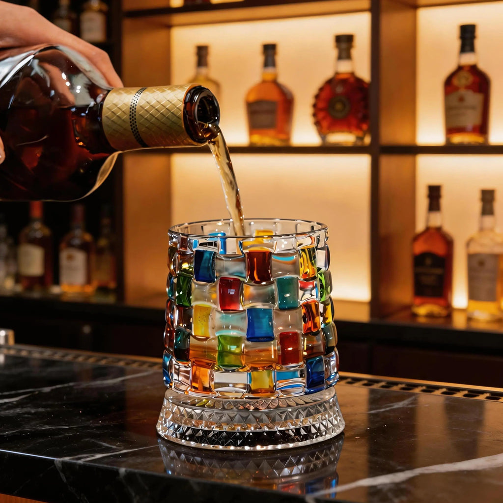 Hand-Painted Embossed Rotating Whiskey Glass – Minimal Luxury Crystal Tumbler with Smooth Spin Design