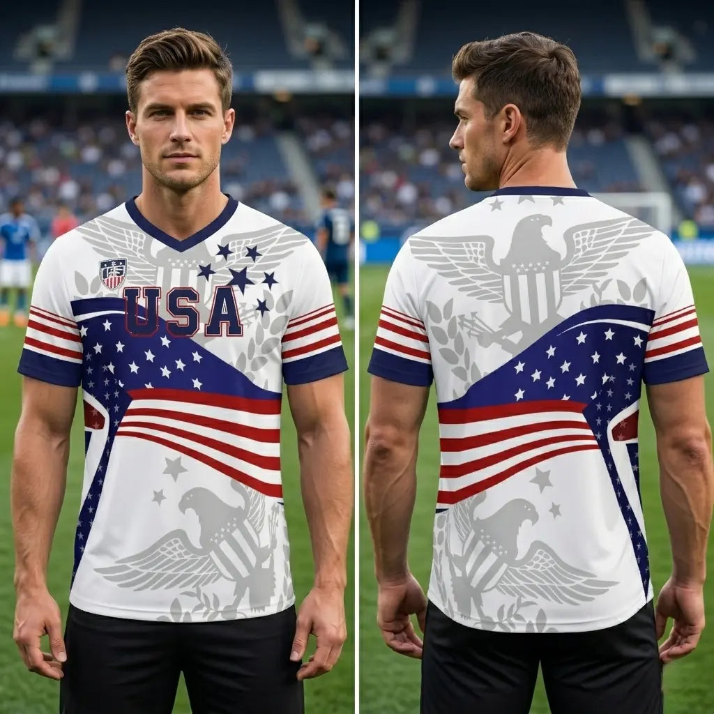 V-Neck USA Bald Eagle Graphic Soccer Jersey - Patriotic America Football Shirt for 2026 Fans & Game Day Outfit