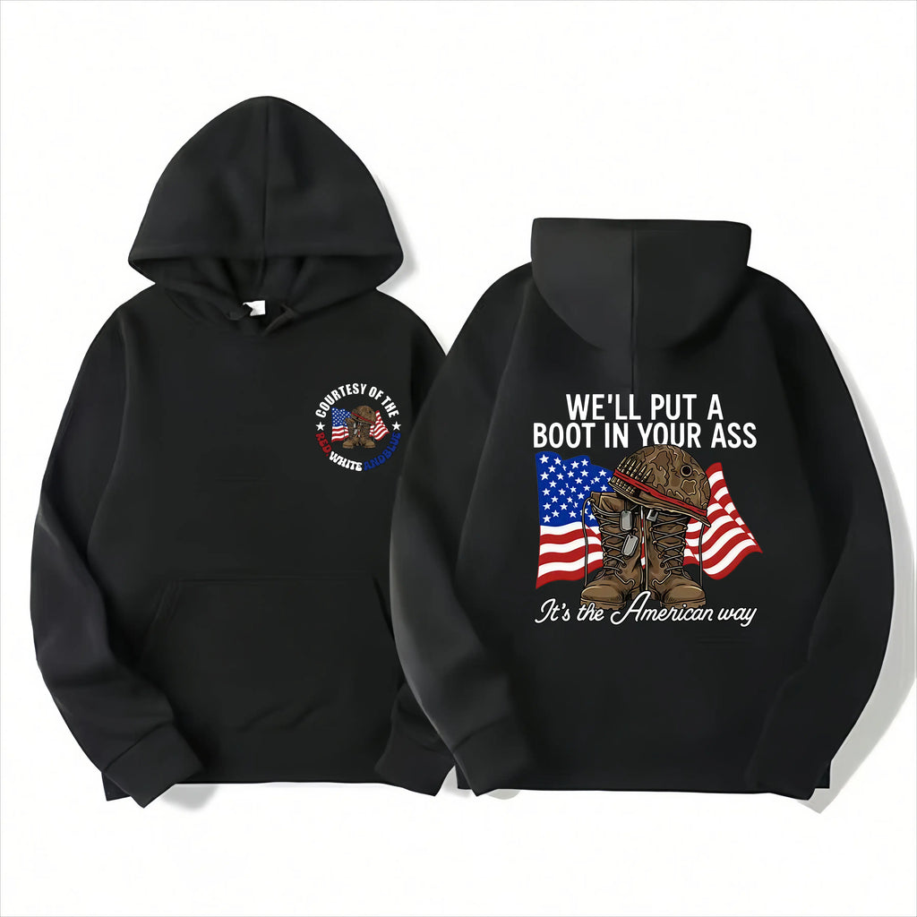 T - shirt with “WE'LL PUT A BOOT IN YOUR ASS” slogan, American flag & military boot graphic, front “CONTEST OF THE RED WHITE AND BLUE” design