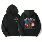 T - shirt with “WE'LL PUT A BOOT IN YOUR ASS” slogan, American flag & military boot graphic, front “CONTEST OF THE RED WHITE AND BLUE” design