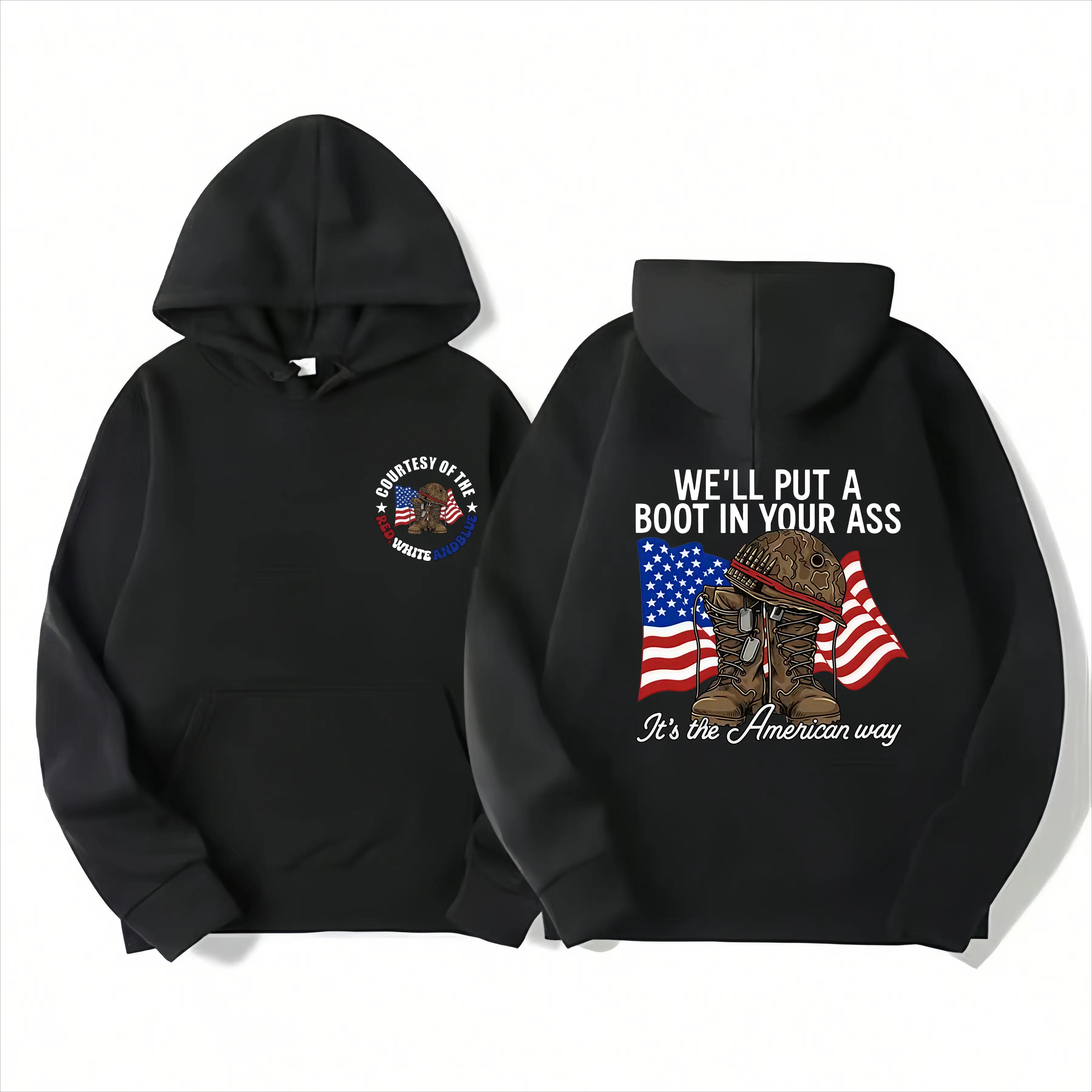 T - shirt with “WE'LL PUT A BOOT IN YOUR ASS” slogan, American flag & military boot graphic, front “CONTEST OF THE RED WHITE AND BLUE” design