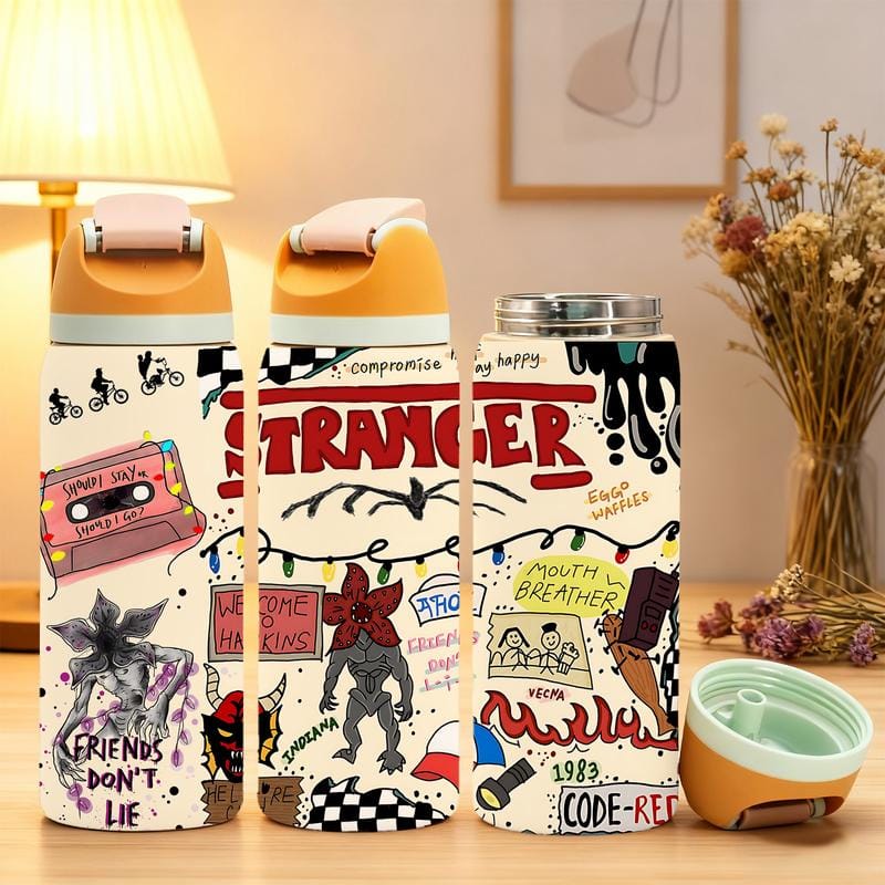 Double-Wall Stainless Steel Vacuum Cup - 19/24/32oz Insulated Mug with Flip Lid, Leak-Proof Skinny Travel Thermal Mug - Retro Horror Graffiti-Print, 12H Hot & 24H Cold Retention