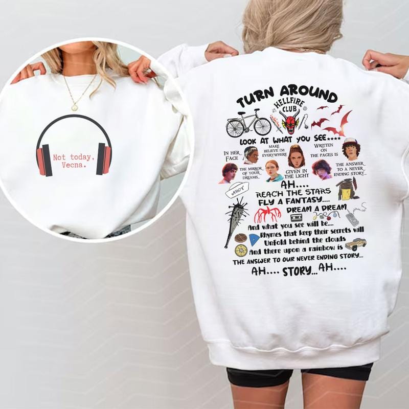 Lustiges „Not Today Vecna“-Shirt, „Never Ending Story“-Sweatshirt (2 Seiten), Weihnachtspullover, Retro-Grafik-Rundhalsausschnitt, Geschenk für Stranger Things-Fans, Hoodie 