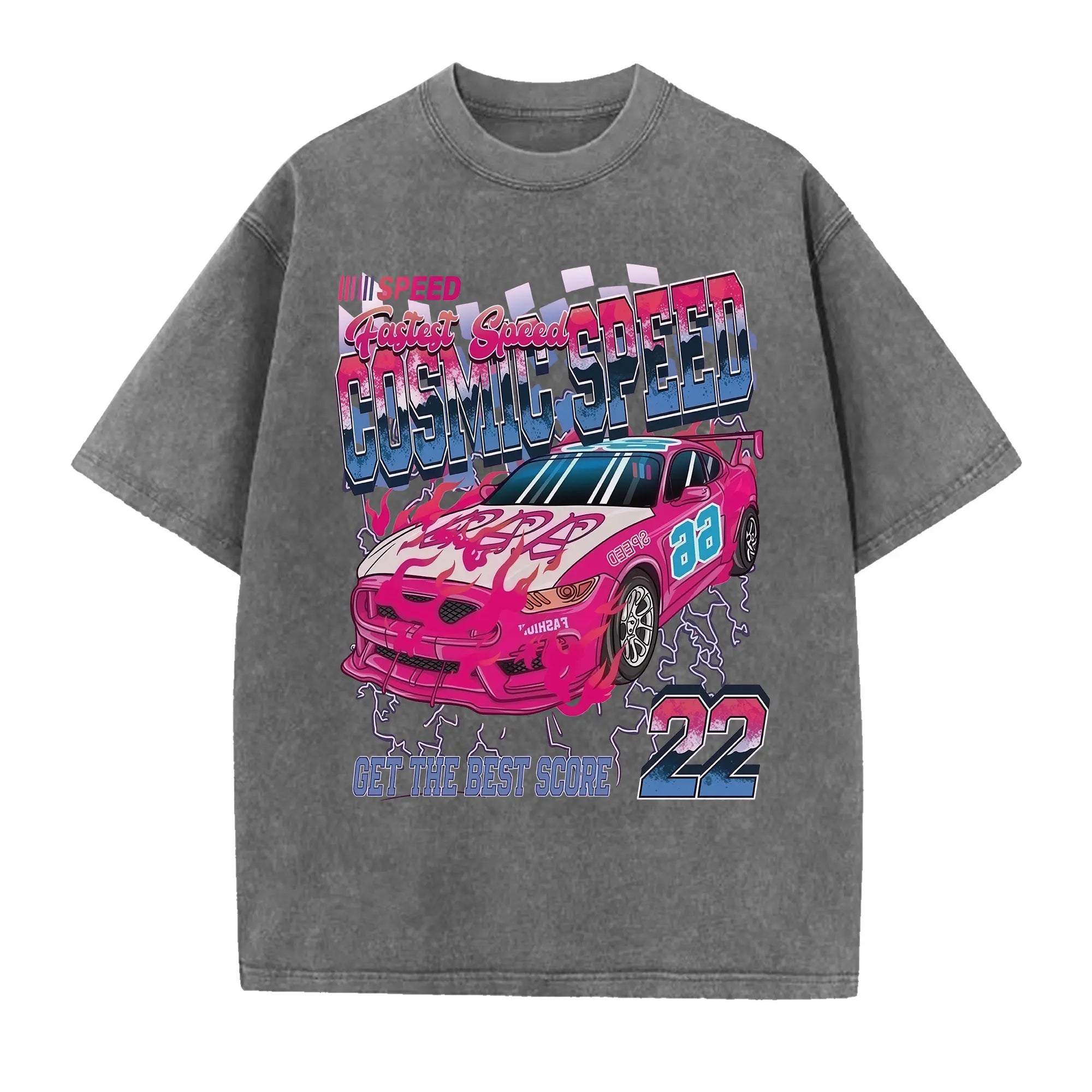 Cosmic Speed 22 Vintage Washed Racing Graphic T-Shirt Pink Race Car Oversized Tee