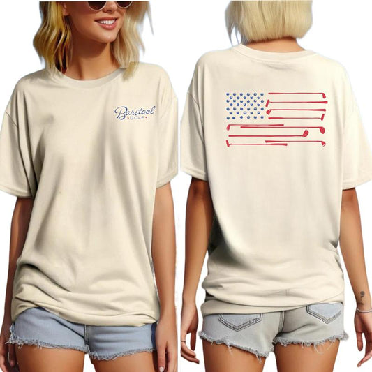 Fun Barstool Golf Graphic Tees for Men & Women, American Flag with Golf Clubs Design