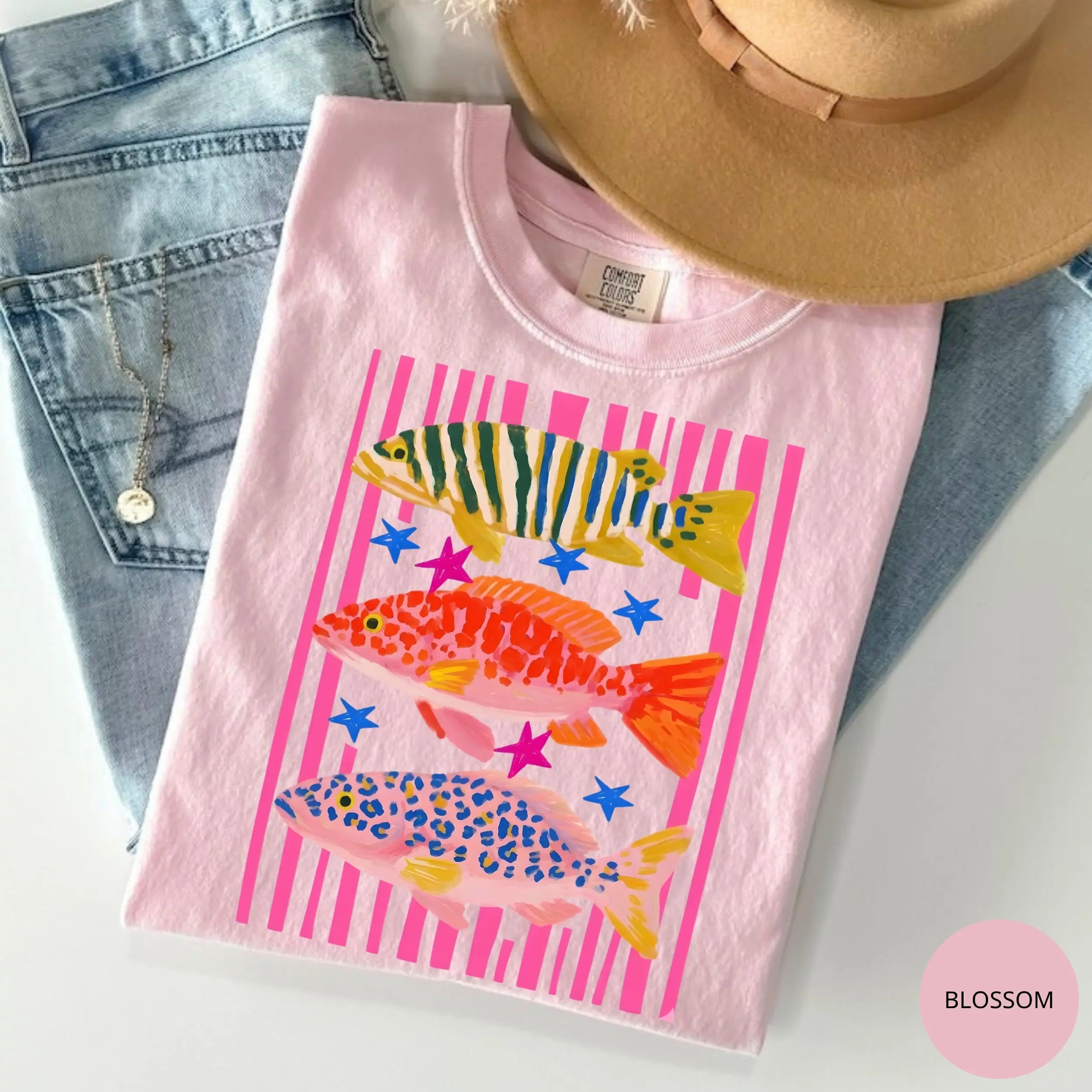 Preppy Fish Graphic T-Shirt | Colorful Summer Fishing Tee for Women Girls