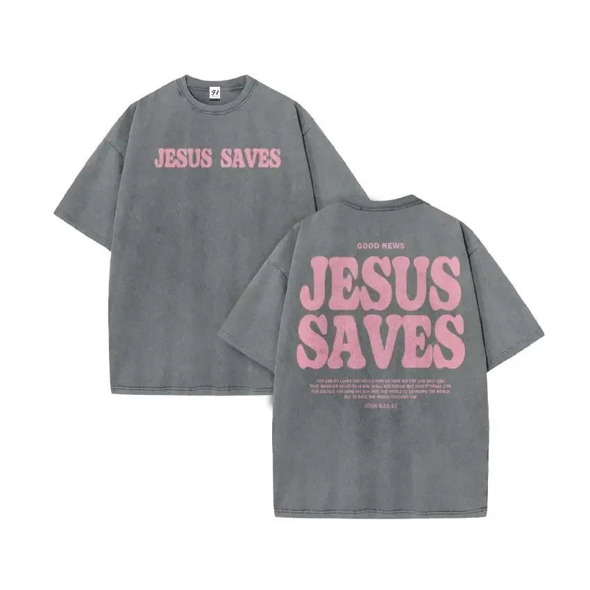 Unisex Jesus Saves Print Acid Washed T-shirt Breathable Tshirt Cotton