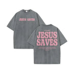 Unisex Jesus Saves Print Acid Washed T-shirt Breathable Tshirt Cotton