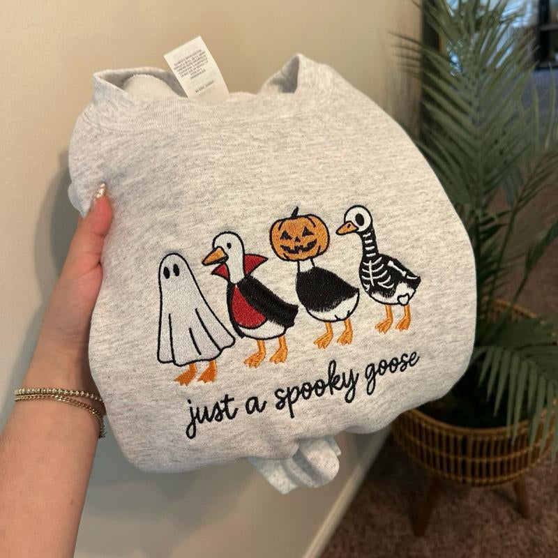 Spooky Goose Halloween Fall Embroidered Sweatshirt Pumpkins Skeleton Geese Spooky Season Unisex