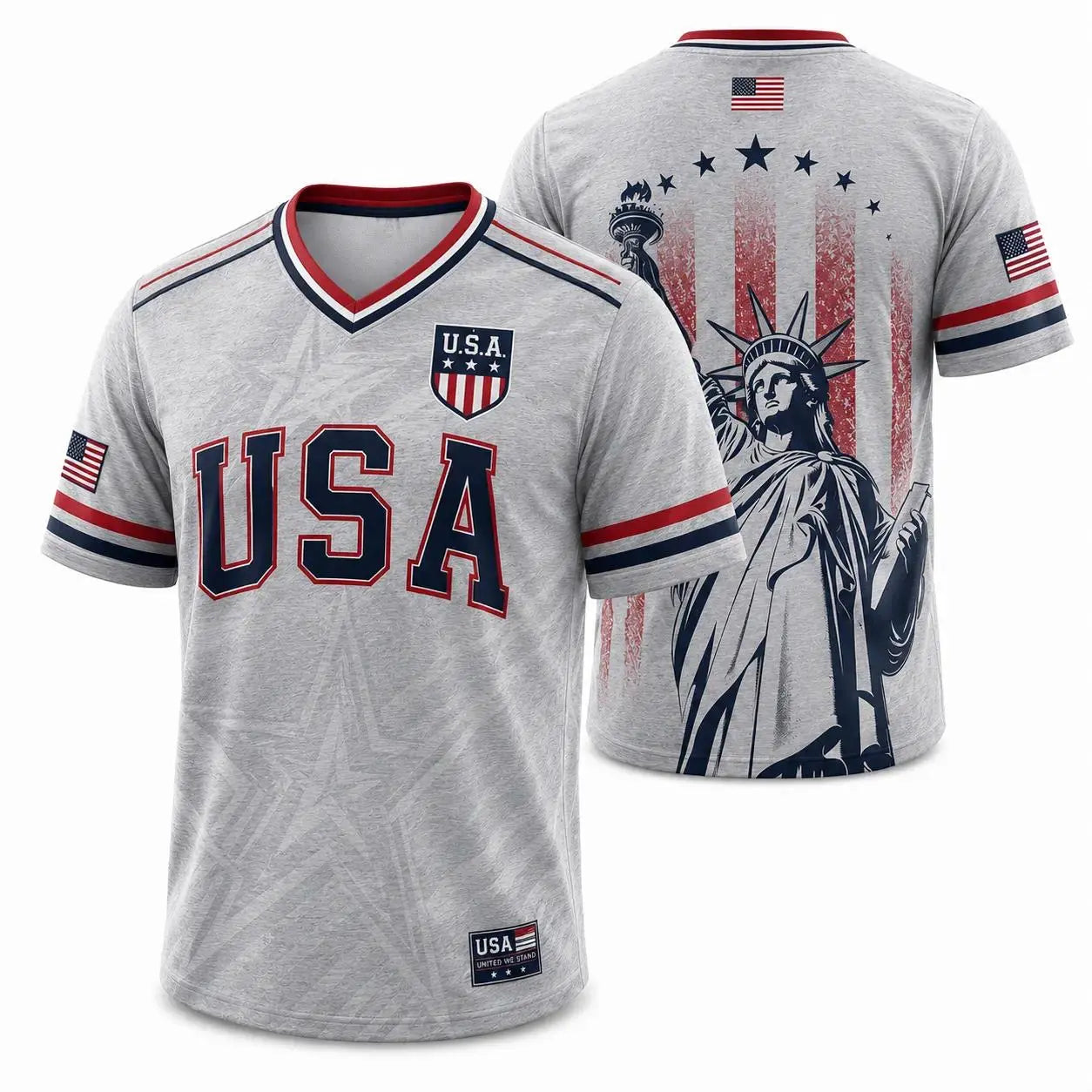 USA Flag Soccer Jersey for Men & Women with Statue of Liberty Graphic V-Neck Athletic Tee