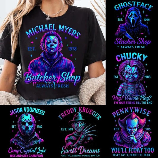 Halloween Neon Horror Characters Shirt, Horror neon Halloween Shirt, Horror Killers Shirt, Halloween Shirt, Retro Halloween Shirt