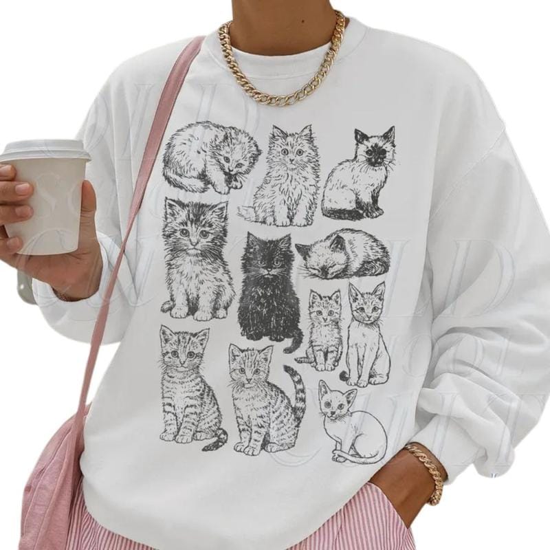 The Vintage Cat Sweatshirt, Retro Kitten Graphic Pullover, Cozy Cat Lover Gift, 90s Style Shirt, Cute Cat Mom Sweater,  Boho Unisex Crewneck Sweatshirt,  Menswear Top, Womenswear Top Underwear Streetwear Medium