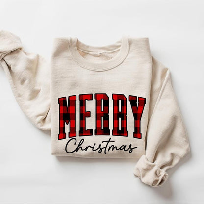 Merry Christmas Sweatshirt, Buffalo Plaid Sweater, Christmas Family crewneck, Xmas Gift Idea, Woman Xmas Shirt, Cute Winter Holiday Sweatshirt