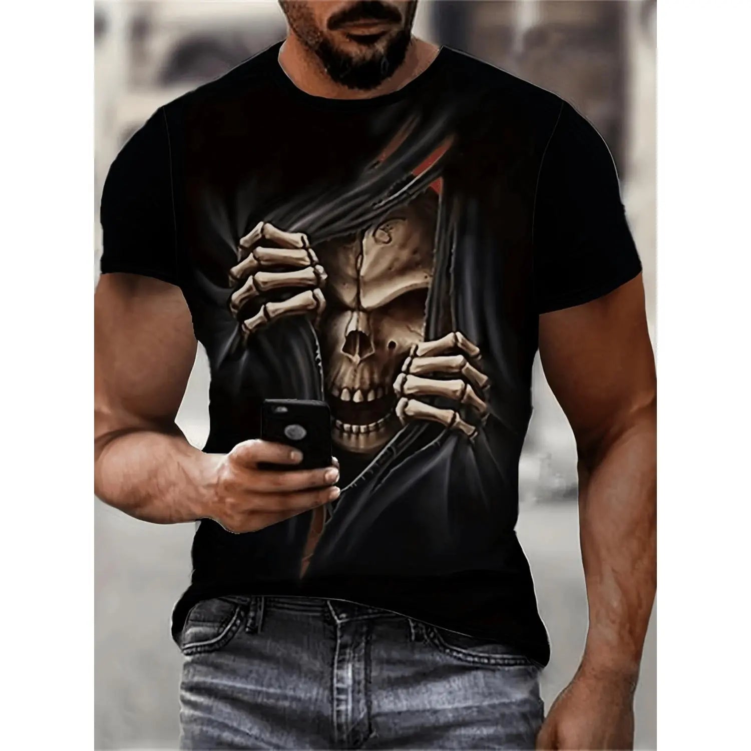 Mens 3D Skeleton Skull Graphic Short Sleeve T-shirt for Casual Summer Wear in Stretchy Polyester with Mix Color Outdoor Design